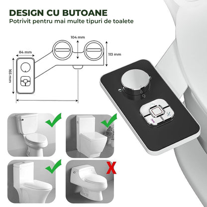 Bideu Retractabil Elindor® pentru Toaleta cu Functie de Auto Curatare, Non Electric, Ultra Slim, Buton Control de Presiune, pentru Igiena Personala, Apa Rece, Kit Accesorii WC, Sistem Bidet pentru Colac si Capac de Toalete, Set pentru Baie, Negru