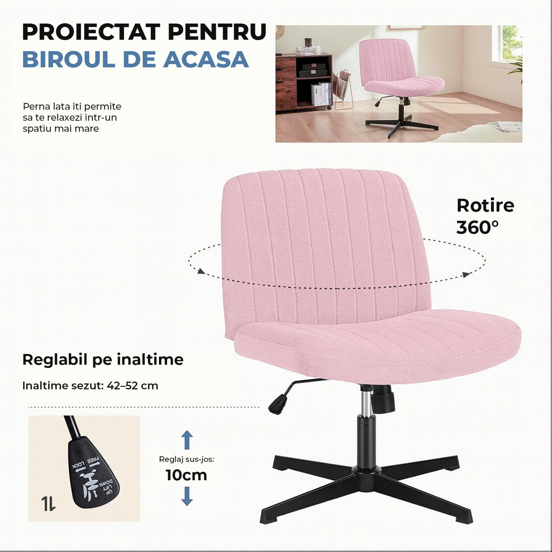 Scaun Birou Ergonomic Elindor® Rotativ 360°, fara Manere, cu Spatar Design Compact, Scaune in Stil Modern fara Roti, Picioare Metalice, Reglaj Balansare, Confortabil, Inaltime Ajustabila, 56 × 67 × 92 cm, Roz