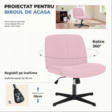 Scaun Birou Ergonomic Elindor® Rotativ 360°, fara Manere, cu Spatar Design Compact, Scaune in Stil Modern fara Roti, Picioare Metalice, Reglaj Balansare, Confortabil, Inaltime Ajustabila, 56 × 67 × 92 cm, Roz