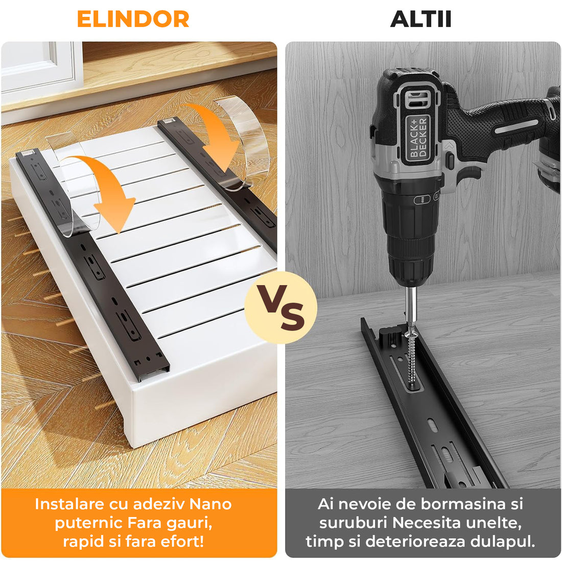 Organizator Multifunctional Elindor® Tip Sertar, cu Adeziv, Suport Metalic Dulap sub Blat Chiuveta, Inaltime Reglabila, Sertar Glisant Organizare pentru Bucatarie, Baie, Camara, Bar, Raft cu Sertare Depozitare Detergenti, Parfumuri, 43x25x9 cm, Alb