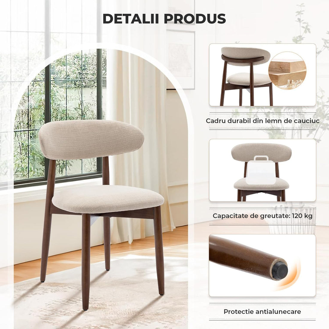 Set 2 Scaune Elindor® Ergonomice, Design Contemporan, Scaun cu Spatar si fara Manere, Tapitate cu Picioare din Lemn, Potrivite pentru Living, Bucatarie, Birou, Dormitor, 79 x 55 x 48 cm, Bej