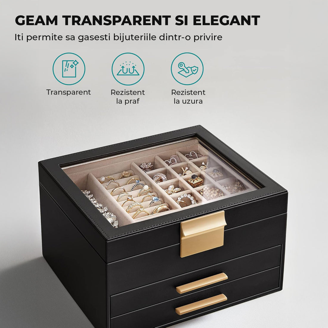 Cutie de Bijuterii Elindor® Organizator pe 3 Niveluri, Sertar x2, Spatiu de Depozitare pentru Inel, Verighete, Lantisoare, Bratari, Cercei, Caseta din Material Catifelat, Design Rafinat, Simplu si Elegant, Piele Ecologica Neagra, 20.3 x 23 x 13.5 cm
