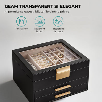 Cutie de Bijuterii Elindor® Organizator pe 3 Niveluri, Sertar x2, Spatiu de Depozitare pentru Inel, Verighete, Lantisoare, Bratari, Cercei, Caseta din Material Catifelat, Design Rafinat, Simplu si Elegant, Piele Ecologica Neagra, 20.3 x 23 x 13.5 cm