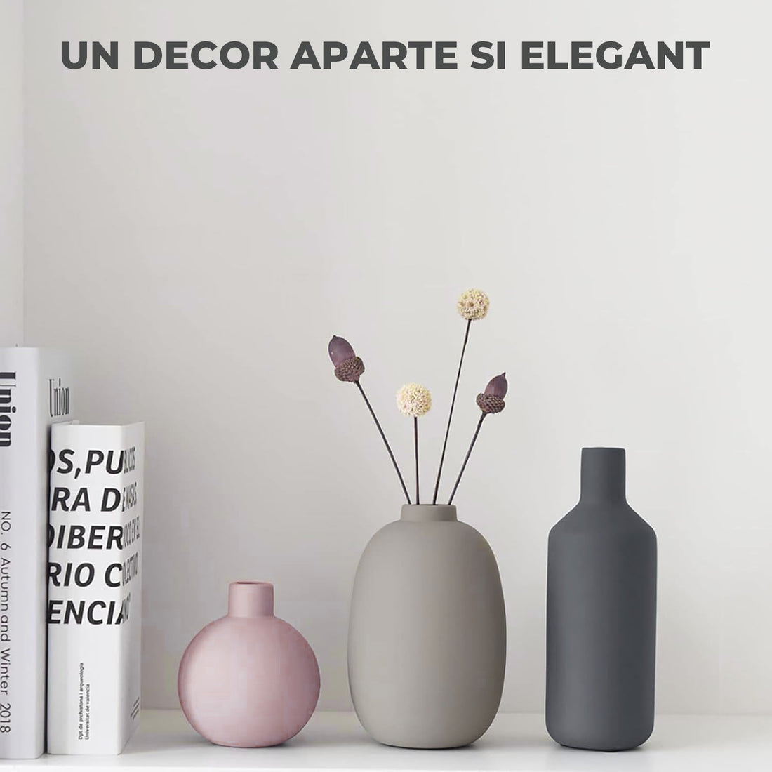Set 3 Vaze Ceramica Elindor® Cu Design Modern in Nuante Morandi, Decor Elegant Pentru Masa, Biblioteca, Etajera sau Hol, Gri