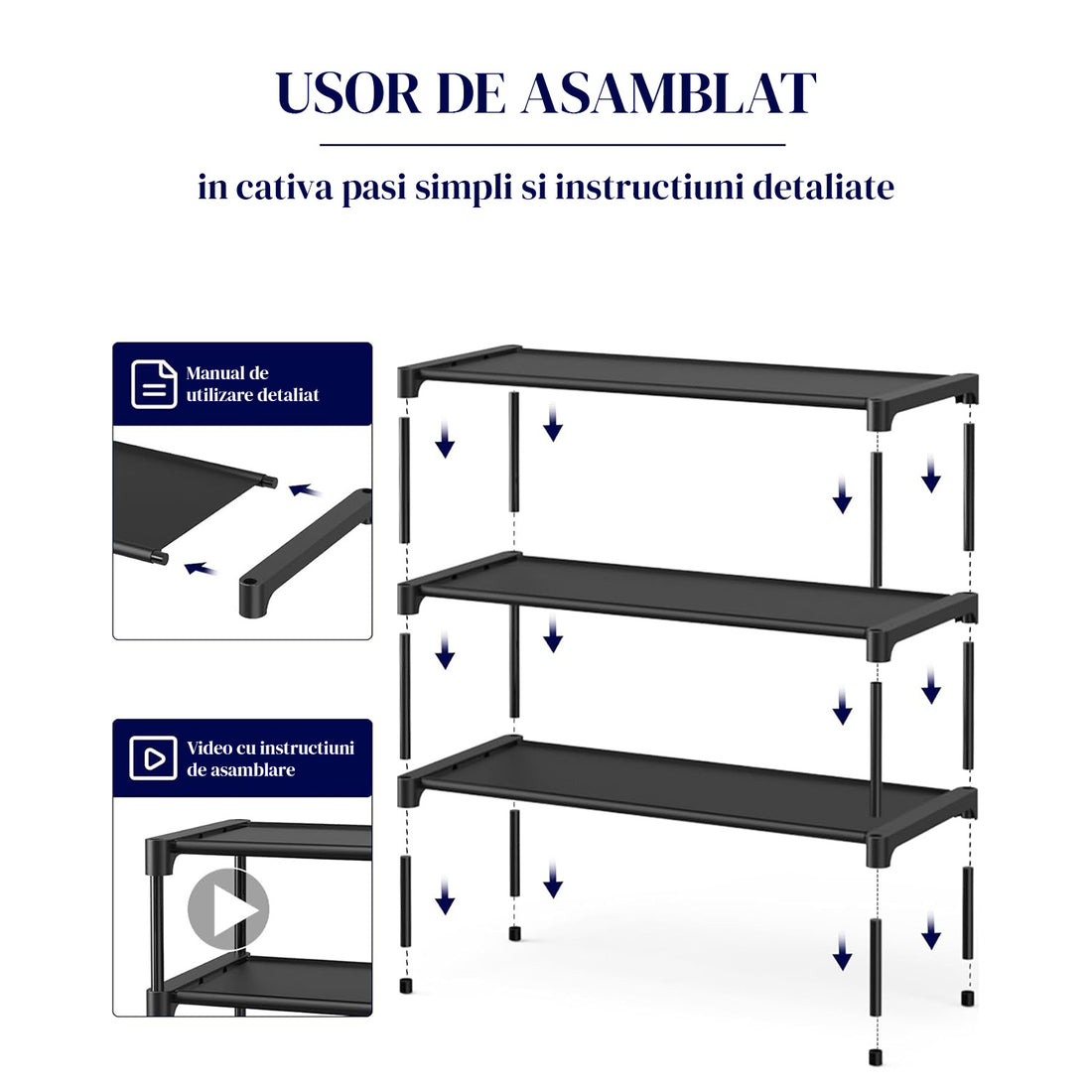 Organizator pentru Pantofi Elindor® Pantofar cu 3 Nivele Mari, Fara Gauri, Suport Metalic pentru Papuci, Dulap Hol, Dormitor, Economisire Spatiu, Depozitare Incaltaminte, 30 × 70 × 47 cm, Negru