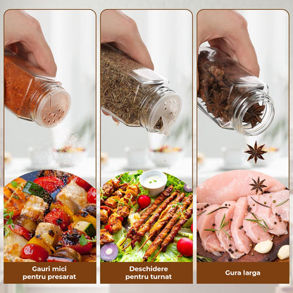 Set 24 Recipiente Condimente Elindor® din Sticla cu Capac din Bambus, cu Sita, Organizator Bucatarie, Organizatoare Sertar, Borcane 120 ml, 2 Tipuri de Etichete si Palnie din Silicon, Accesorii Depozitare, Transparente