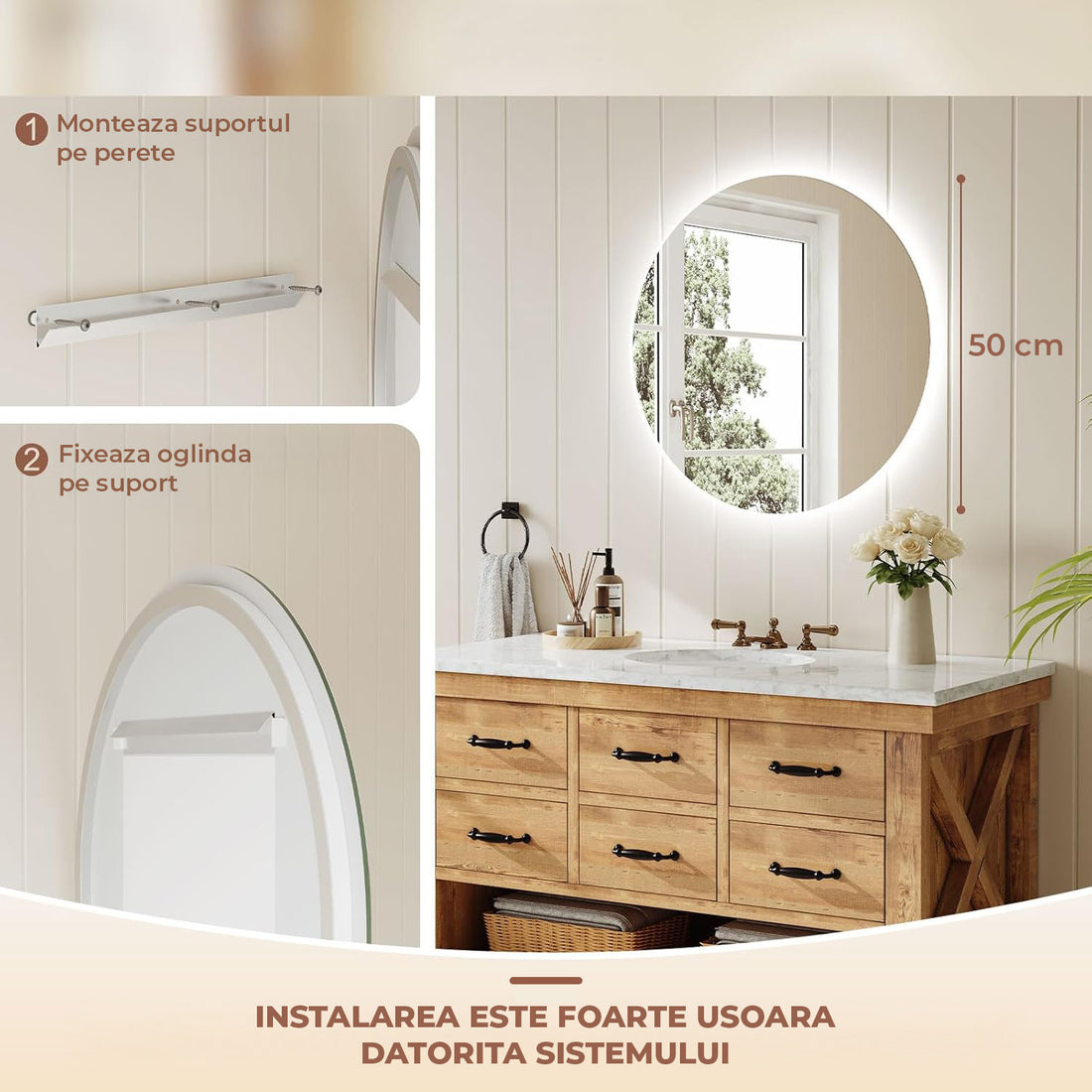 Oglinda de Perete Elindor® Rotunda, fara Rama, Decorativa, Eleganta, Ideala pentru Baie, Birou, Hol, Living, Dressing, Iluminare Led, Intensitate Ajustabila, Antiaburire, 3 Temperaturi de Culoare, 50 x 50 cm