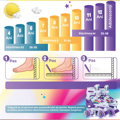 Role Reglabile pentru Copii și Adulți, 4 Roți Luminoase, Model Curcubeu, Mărimea XS 26-30, Mov