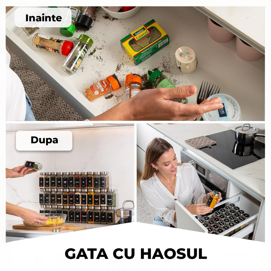 Set 24 Recipiente Condimente Elindor® din Sticla cu Capac Inox, cu Sita, Organizator Bucatarie, Organizatoare Sertar, Borcane 120 ml, 2 Tipuri de Etichete, Palnie din Silicon, Pix Alb Inclus, Perie de Curatare, Accesorii Depozitare