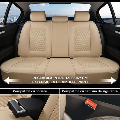 Set 5 Huse Auto Elindor® pentru Scaune, Piele Ecologica Impermeabila, Rezistente la Zgarieturi, Cu Suport Lombar, Instalare Usoara, Protectie Interior, Compatibile cu Civic, Duster, Golf, Passat, Qashqai, X5, Bej