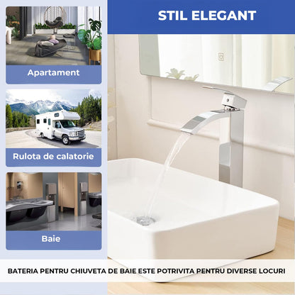 Baterie Chiuveta Vas Elindor®, Robinet Cascada, Design Modern, Alama Solida, Argintiu