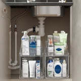 Set 2 Organizatoare Transparente Elindor® cu 2 Nivele, Recipient de Depozitare Multifunctional si Glisant, Organizator pentru Dulapul de sub Chiuveta din Baie si Bucatarie, 30 × 19 × 25.5 cm