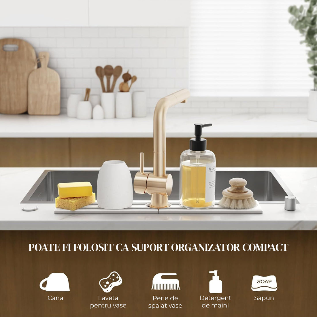 Covoras Multifunctional Absorbant Elindor®, Tava din Diatomit Antiderapant, pentru Protectie Baterie Chiuveta, Protectie Blat Bucatarie, Baie, Covoras Uscare Cani, Burete Vase, Sticla Detergent, Sapun, Usor de Curatat si Reutilizabil, 60 × 10 cm, Gri Desc