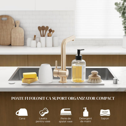 Covoras Multifunctional Absorbant Elindor®, Tava din Diatomit Antiderapant, pentru Protectie Baterie Chiuveta, Protectie Blat Bucatarie, Baie, Covoras Uscare Cani, Burete Vase, Sticla Detergent, Sapun, Usor de Curatat si Reutilizabil, 60 × 10 cm, Gri Desc