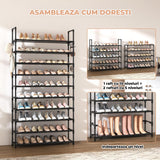 Organizator pentru Pantofi Elindor® Pantofar cu 10 Nivele Mari si 10 Carlige Metalice, Fara Gauri, Suport Metalic pentru Papuci, Dulap Hol, Dormitor, Economisire Spatiu, Depozitare Incaltaminte, 25 × 86 × 173 cm, Negru
