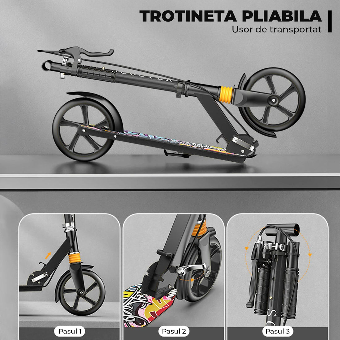Trotineta pentru Copii si Adulti Elindor® cu Amortizor, Pliabila, pentru Freestyle, Fete si Baieti, Ghidon Ajustabil 78 - 105 cm, Frana din Miscare, Greutate Maxima Suportata 200 kg, Suprafata Antiderapanta, Negru