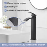 Baterie Chiuveta Vas Elindor®, Robinet Cascada, Design Modern, Alama Solida, Negru