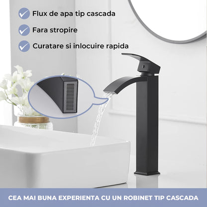 Baterie Chiuveta Vas Elindor®, Robinet Cascada, Design Modern, Alama Solida, Negru