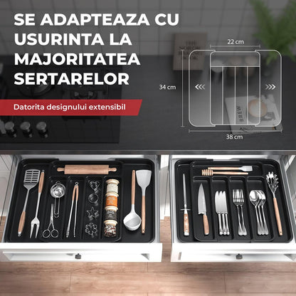 Organizator Negru Elindor® pentru Tacamuri si Ustensile de Bucatarie, 7 Compartimente, Sertar Extensibil 22-38 cm, Suport Ajustabil pentru Cutite, Linguri, Furculite, Accesorii Bucatarie, Separator Sertar, PP
