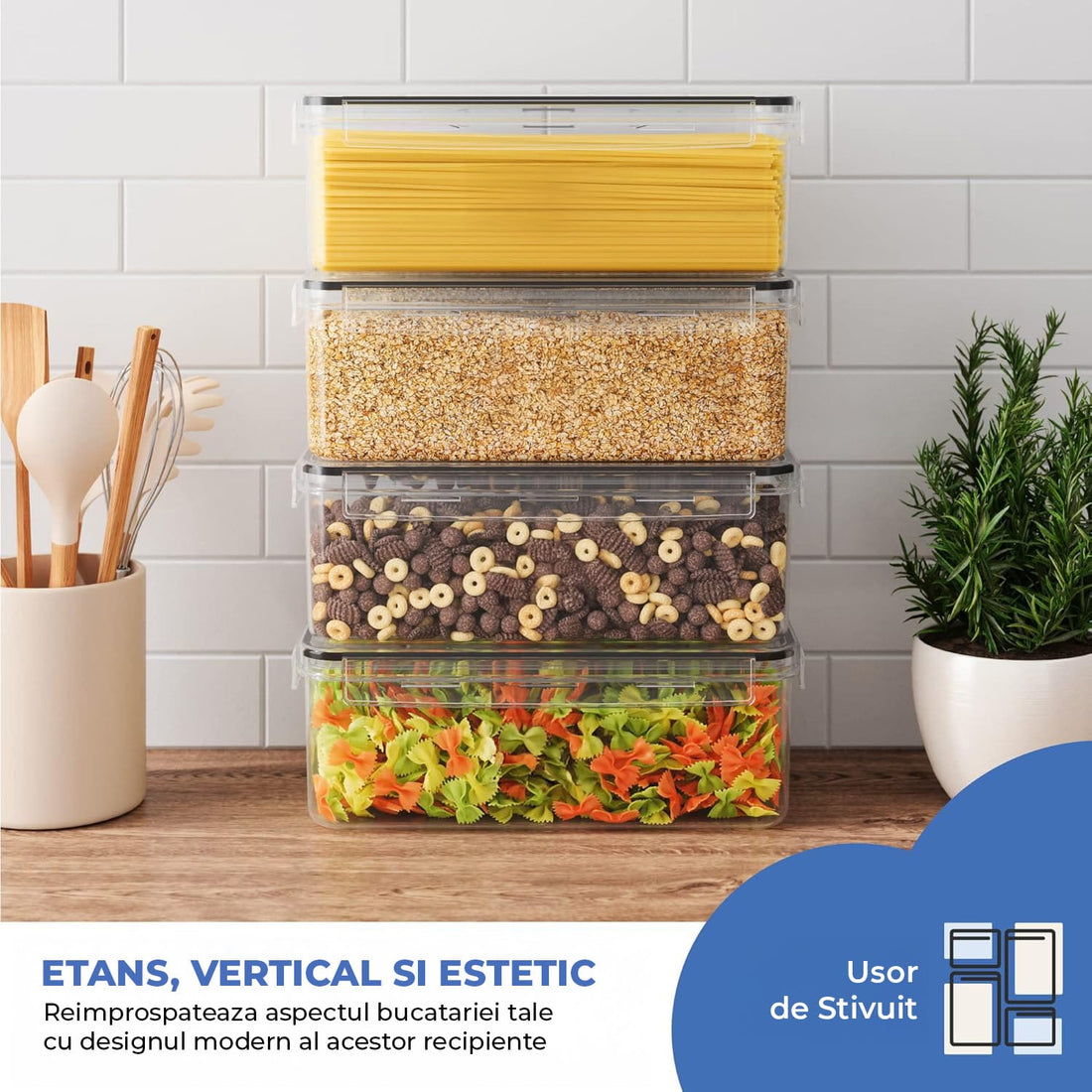 Set 4 Recipiente Depozitare Elindor® Capacitate 3.6L, Etanse, pentru Paste si Cereale, Transparent