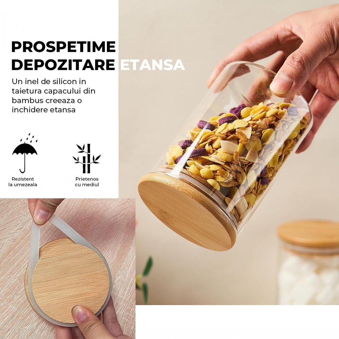 Set 2 Recipiente din Sticla Elindor®, Borcane cu Capac din Bambus pentru Zahar, Cafea, Condimente, Faina, Nuci, Sare, Dulciuri, 450 ml, Dimensiuni  12.5x8.5cm, Transparent