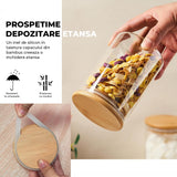 Set 2 Recipiente din Sticla Elindor®, Borcane cu Capac din Bambus pentru Zahar, Cafea, Condimente, Faina, Nuci, Sare, Dulciuri, 450 ml, Dimensiuni  12.5x8.5cm, Transparent