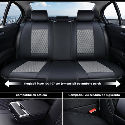 Set Complet de 3  Huse Scaune Auto Elindor®, Piele Nappa, Protectie Bancheta si Scaun, Montaj Rapid, Husa Impermeabila, Acoperire Spatar si Sezut, Acceosirii Masina Interior, Universale Compatibile cu VW, Dacia, Renault, BMW, Ford, Skoda, Hyundai, Gri