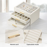Cutie de Bijuterii Elindor® 3 Sertare si Geam Transparent, Organizator Elegant Pentru Inele, Cercei, Bratari Si Coliere, Design Modern, Alb