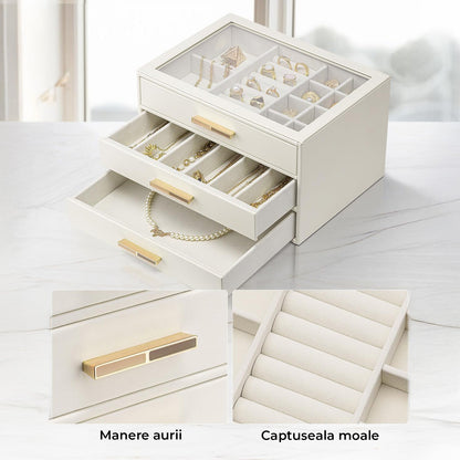 Cutie de Bijuterii Elindor® 3 Sertare si Geam Transparent, Organizator Elegant Pentru Inele, Cercei, Bratari Si Coliere, Design Modern, Alb