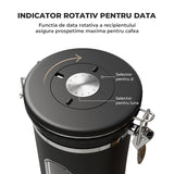 Recipient Inox pentru Cafea Elindor® Borcan Etans cu Capac si Lingurita, Cutie Depozitare Zahar, Ceai, Paste, Orez, Cereale, Faina, Prajituri, Supe, Alimente, Caserola Bucatarie, pentru Frigider si Congelator, 650 ml, Geam Transparent, Negru