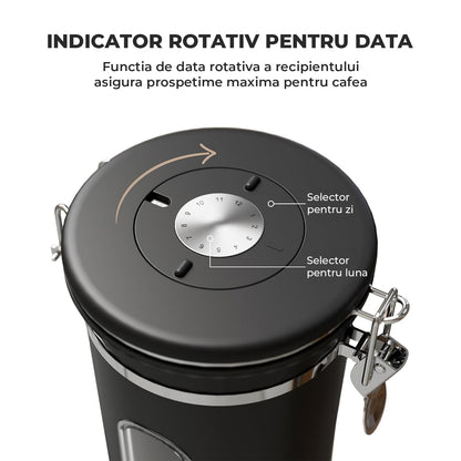 Recipient Inox pentru Cafea Elindor® Borcan Etans cu Capac si Lingurita, Cutie Depozitare Zahar, Ceai, Paste, Orez, Cereale, Faina, Prajituri, Supe, Alimente, Caserola Bucatarie, pentru Frigider si Congelator, 650 ml, Geam Transparent, Negru