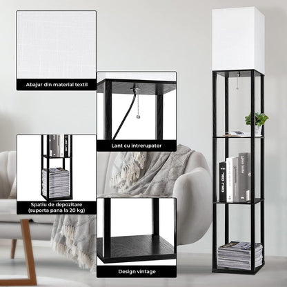 Lampa de Podea Elindor® cu 3 Rafturi din MDF, 3 Tipuri de Lumina, Bec Neinclus, Design Elegant, Negru