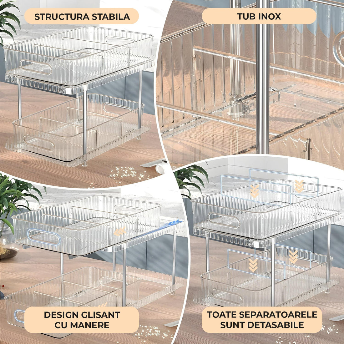 Set 2 Organizatoare Transparente Elindor® cu 2 Nivele si Separatoare, Recipient de Depozitare Multifunctional si Glisant, Organizator pentru Dulapul de sub Chiuveta din Baie si Bucatarie, 30.4 x 23 x 16 cm
