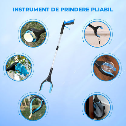 Cleste de Gunoi Elindor® Pliabil pentru Colectare Deseuri, Gheara Rotativa la 360°, Maner Ergnom, Practic, Versatil, Ideal pentru Uz Zilnic, Recuperare Medicala sau Activitati in Aer Liber, 83 cm, Negru / Albastru