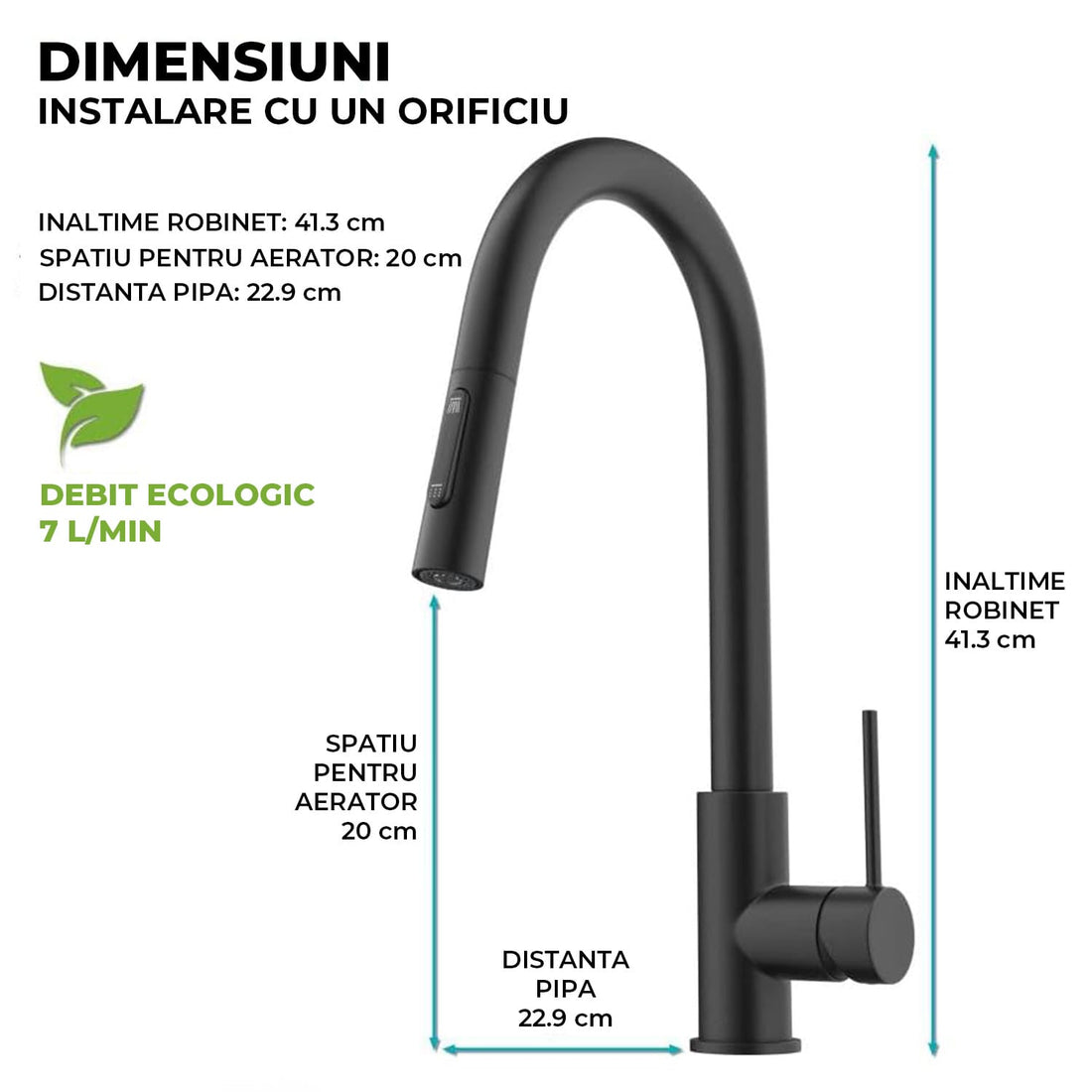 Baterie Bucatarie cu Dus Extractibil Elindor®, Jet Ajustabil, Design Modern, Negru