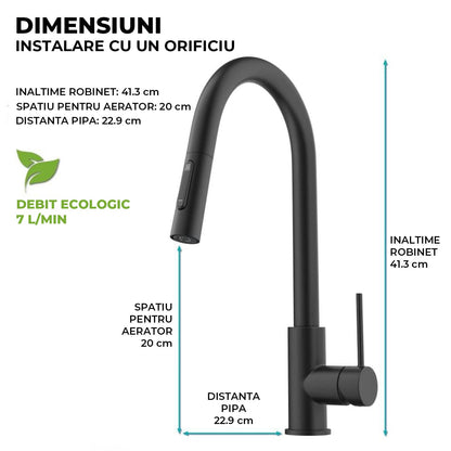 Baterie Bucatarie cu Dus Extractibil Elindor®, Jet Ajustabil, Design Modern, Negru