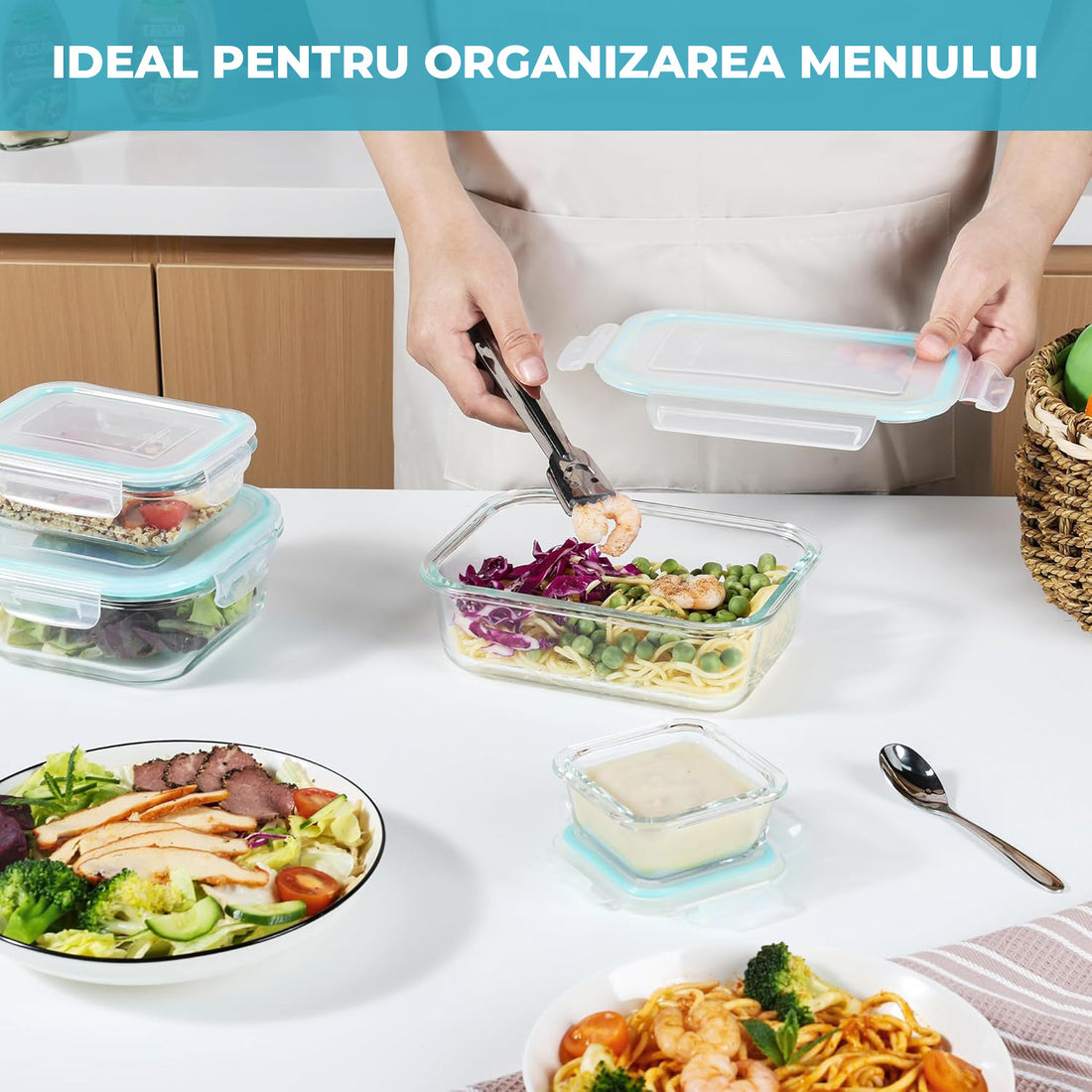 Set de 8 Caserole Elindor® din Sticla, Recipiente Ingrediente pentru Bucatarie, pentru Alimente Uscate, Recipient pentru Depozitare Cafea, Zahar, Paste, Cereale, Capac Etans, Potrivit pentru Congelator, Transparent