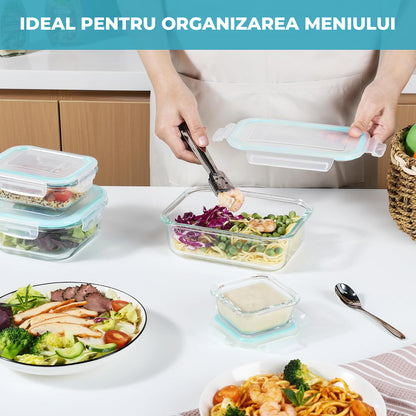 Set de 8 Caserole Elindor® din Sticla, Recipiente Ingrediente pentru Bucatarie, pentru Alimente Uscate, Recipient pentru Depozitare Cafea, Zahar, Paste, Cereale, Capac Etans, Potrivit pentru Congelator, Transparent