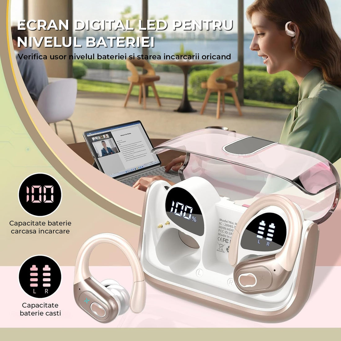 Casti Wireless Elindor® Sport Bluetooth 5.4, 75h Autonomie, ENC, Earhooks, IPX7 Waterproof, Microfon, Roz