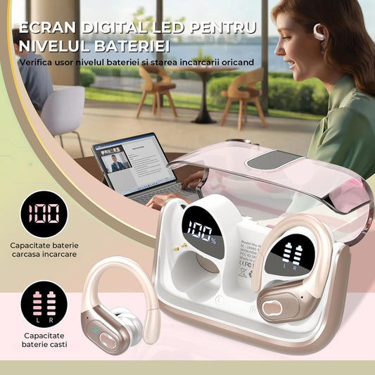 Casti Wireless Elindor® Sport Bluetooth 5.4, 75h Autonomie, ENC, Earhooks, IPX7 Waterproof, Microfon, Roz