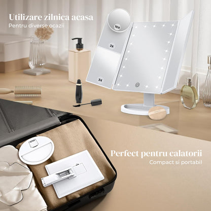 Oglinda Cosmetica Elindor® cu Iluminare LED, Marire 2X, 3X, 10X, Control Tactil, Alimentare Dubla, Alb