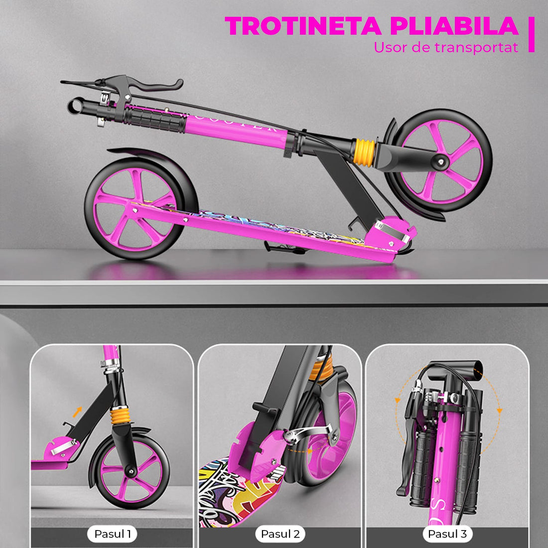 Trotinetă Pliabilă cu Amortizor Elindor®, Frână Spate și Platformă Antiderapantă, Roz