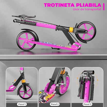 Trotinetă Pliabilă cu Amortizor Elindor®, Frână Spate și Platformă Antiderapantă, Roz