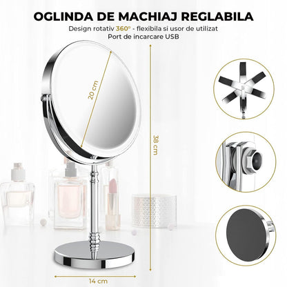 Oglinda Cosmetica Elindor® LED, Marire 10X, 3 Culori de Lumina, Baterie 2000mAh, Diametru 20 cm, Argintiu