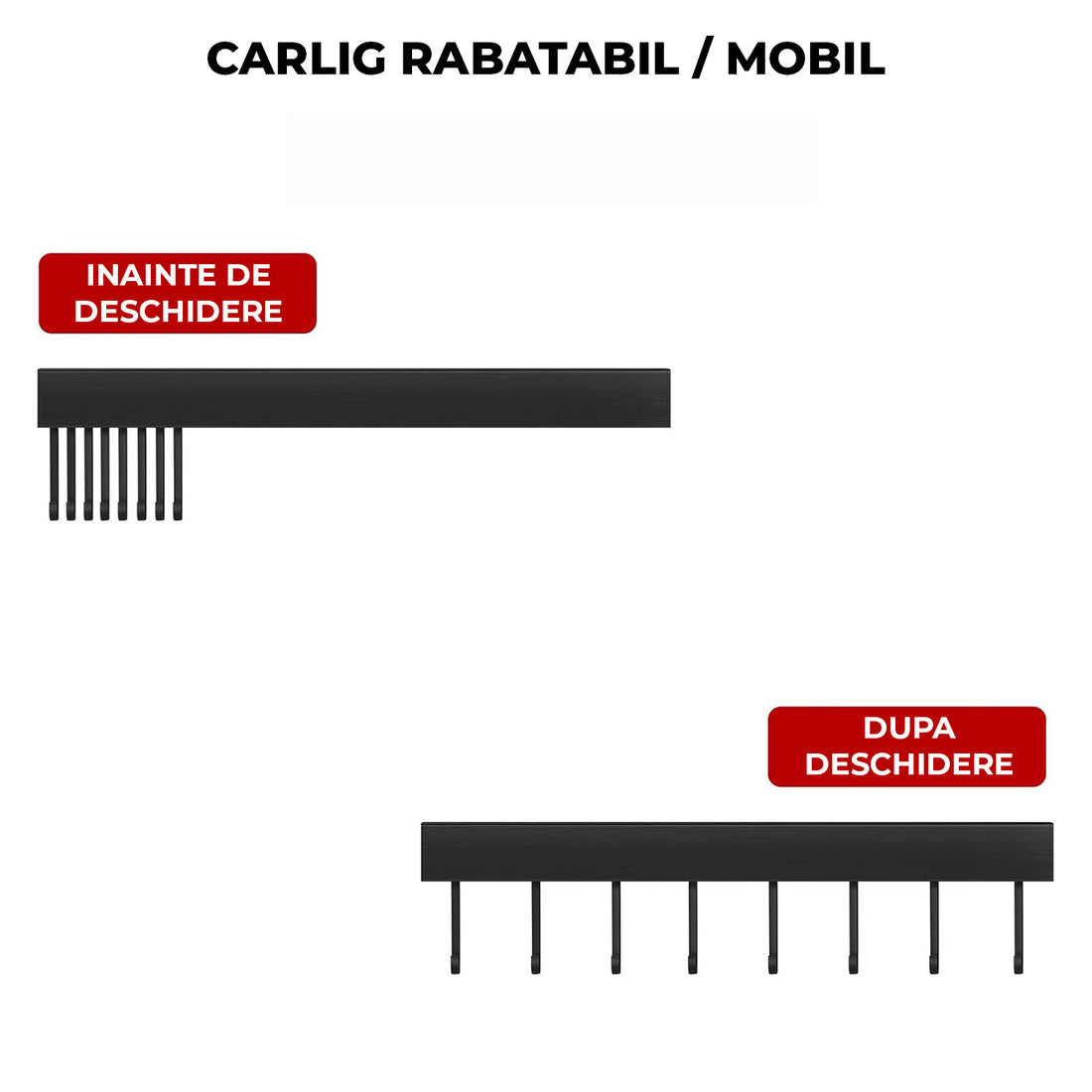 Suport de Perete Elindor® pentru Ustensile de Bucatarie, cu 8 Carlige, Lipire cu Adeziv, fara Gauri, Depozitare Tacamuri, Suport Metalic, Accesorii Organizare, Economisire Spatiu, Organizator de 40 x 3.5 cm, Negru