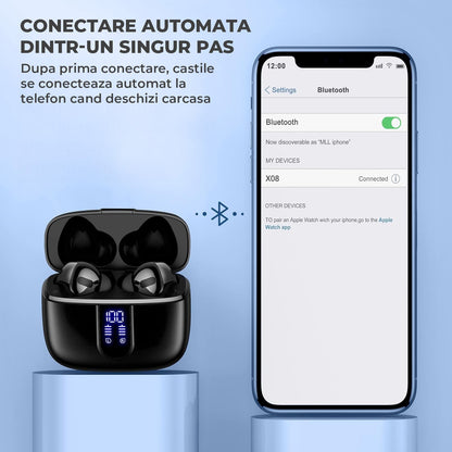 Casti Elindor® Wireless In-Ear Cu Afisaj LED, 60h Autonomie, Incarcare Wireless, IPX5, Control Tactil, Cu Microfon, Negru