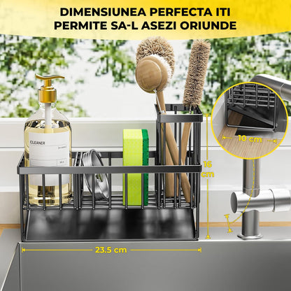 Suport pentru Chiuveta Elindor® Organizator Multifunctional, Compartimente pentru Burete Detergent Perii si Scurgere Eficienta, Negru