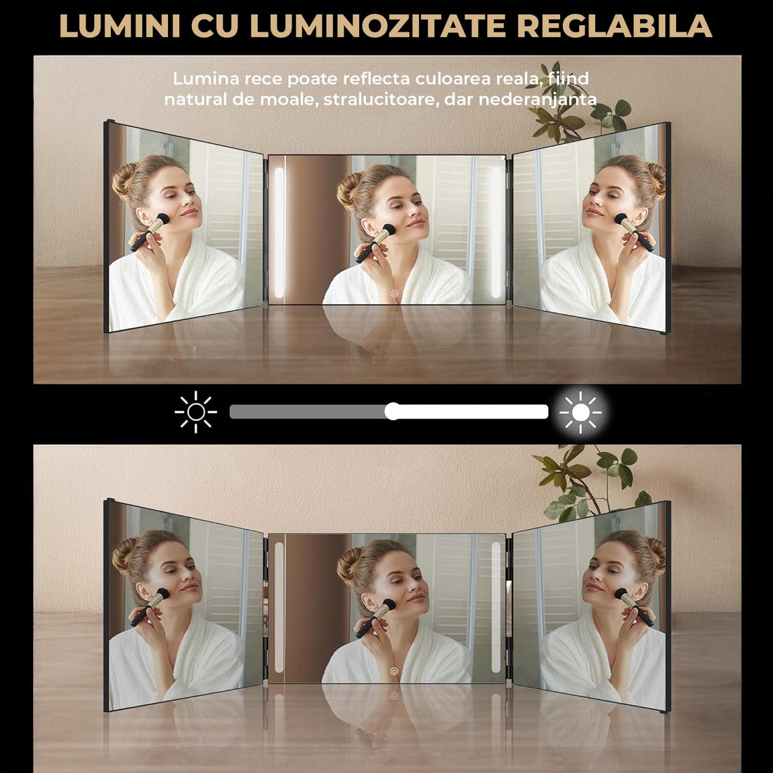 Oglinda Pliabila Elindor® cu LED, Anti-Aburire, Sticla HD, USB, Baterie 1500mAh , Vizualizare Completa 360°, Negru