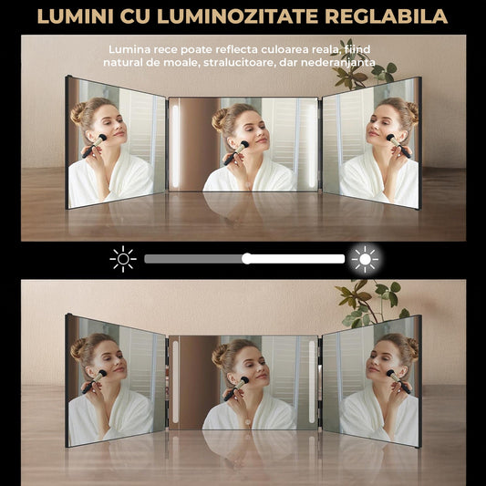 Oglinda Pliabila Elindor® cu LED, Anti-Aburire, Sticla HD, USB, Baterie 1500mAh , Vizualizare Completa 360°, Negru