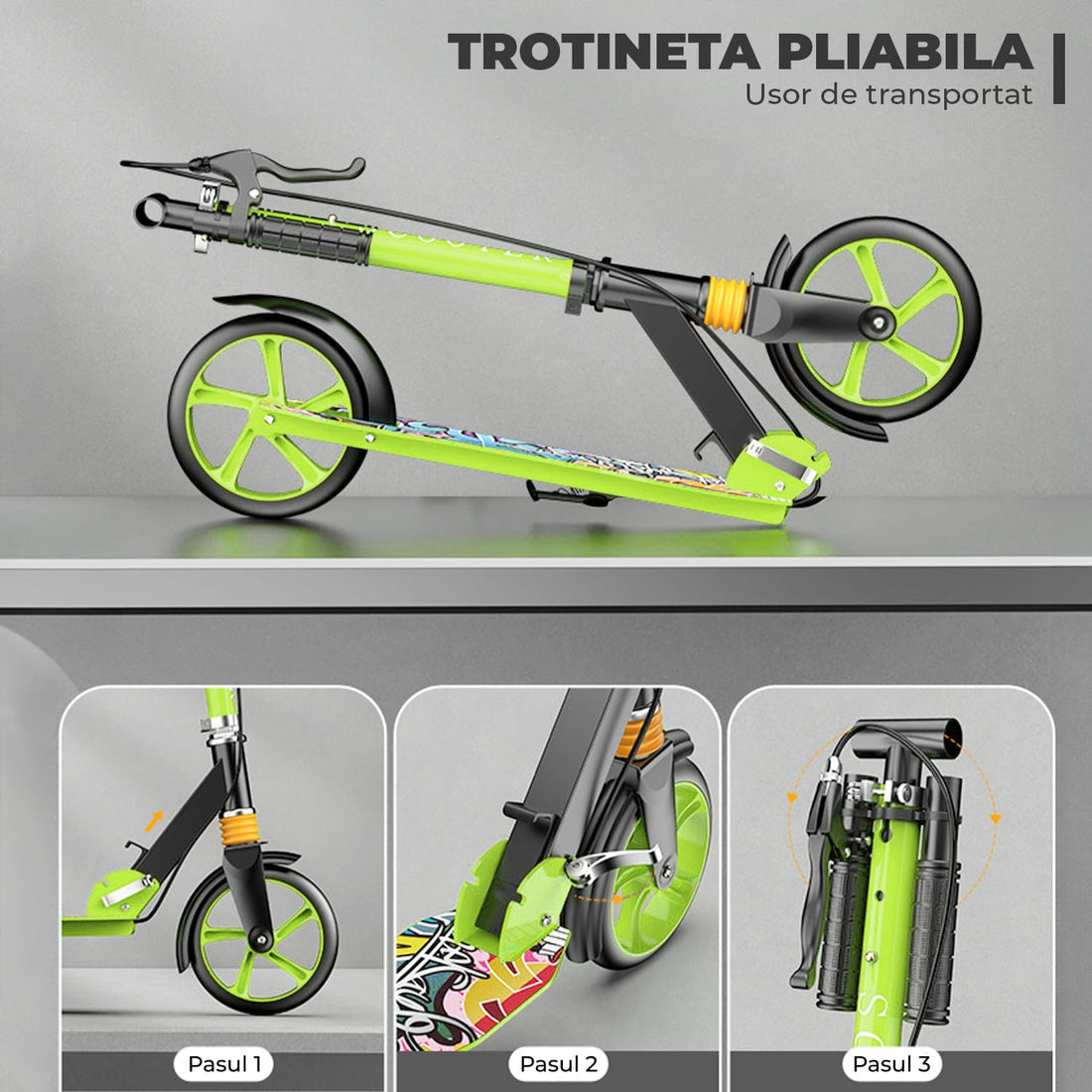 Trotiinetă Pliabilă cu Amortizor Elindor®, Frână Spate și Platformă Antiderapantă, Verde